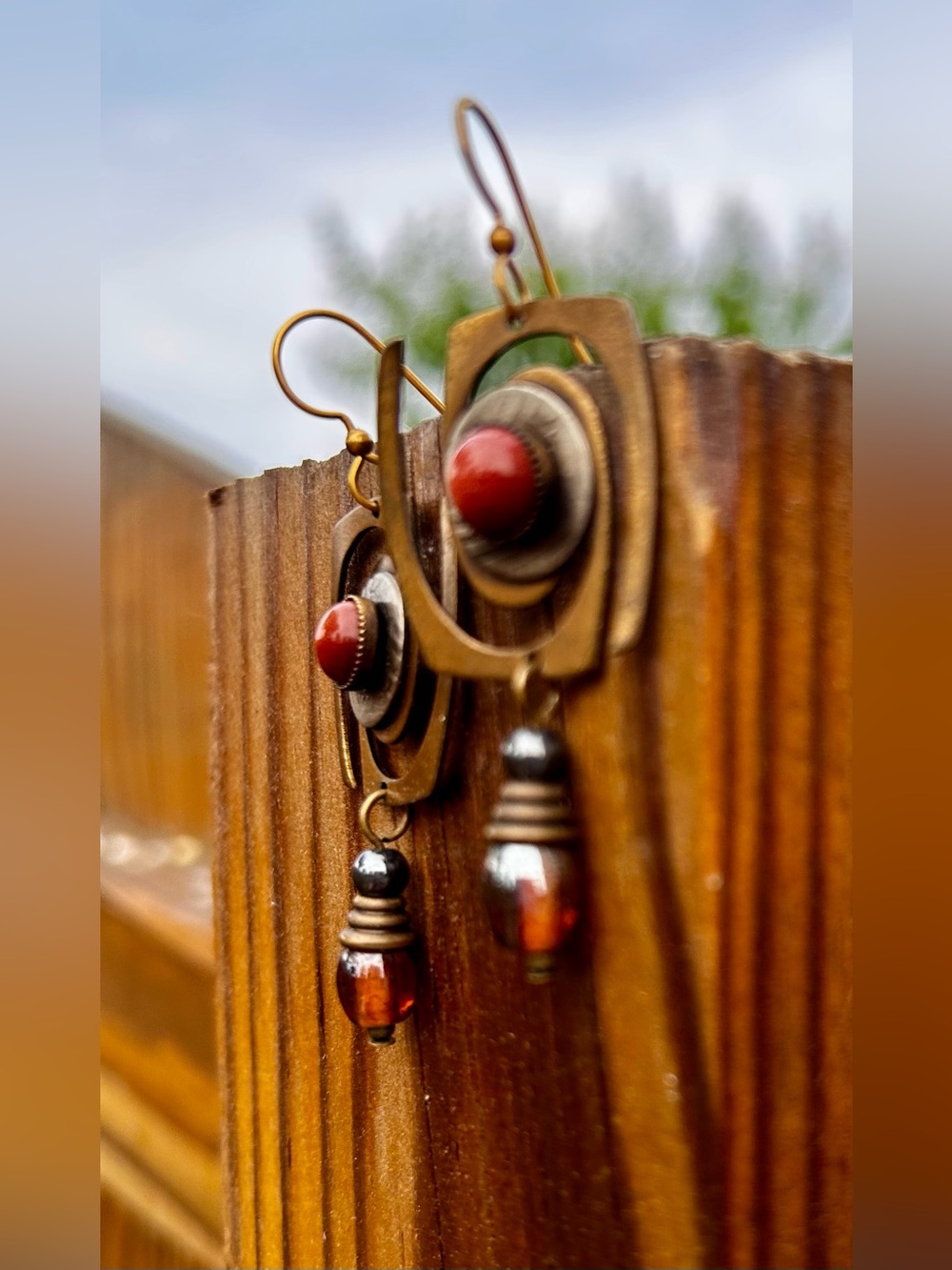 Vintage Earrings Amber Glass Bead Gold Square Spiral Dangle Drop Boho Earring